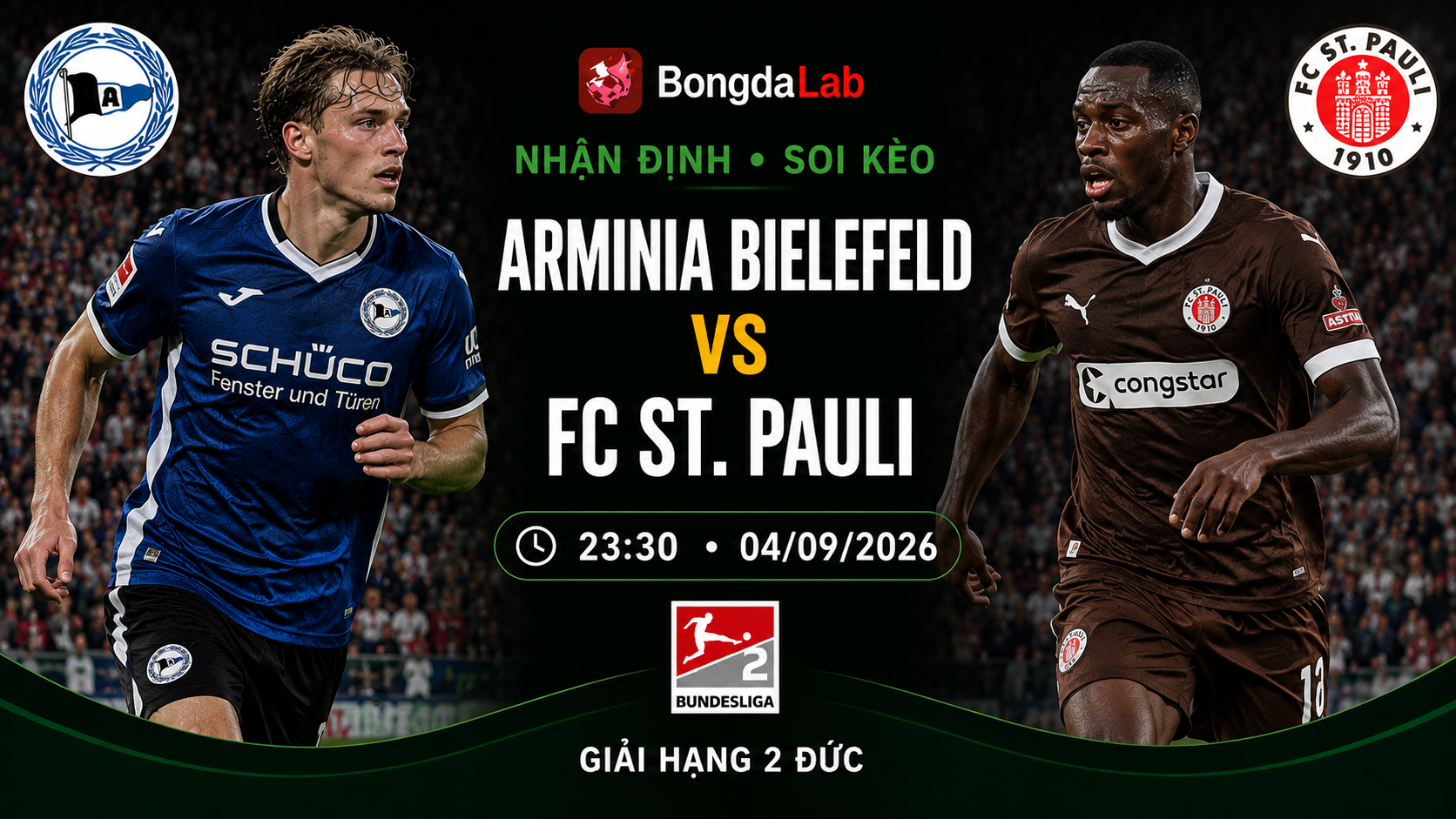 Nhận định, soi kèo Arminia Bielefeld vs FC St. Pauli 23h30 ngày 04/09/2026