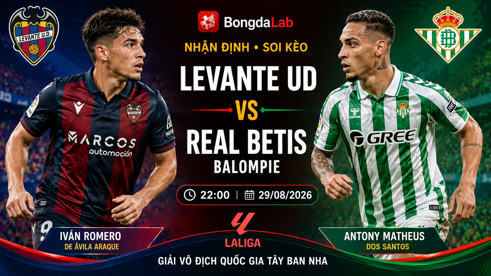 Nhận định, soi kèo Levante vs Real Betis 22h00 ngày 29/08/2026