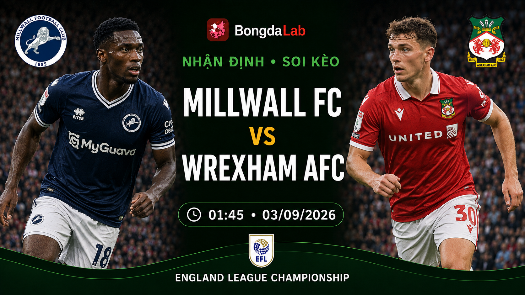Nhận định, soi kèo Millwall vs Wrexham 01h45 ngày 03/09/2026